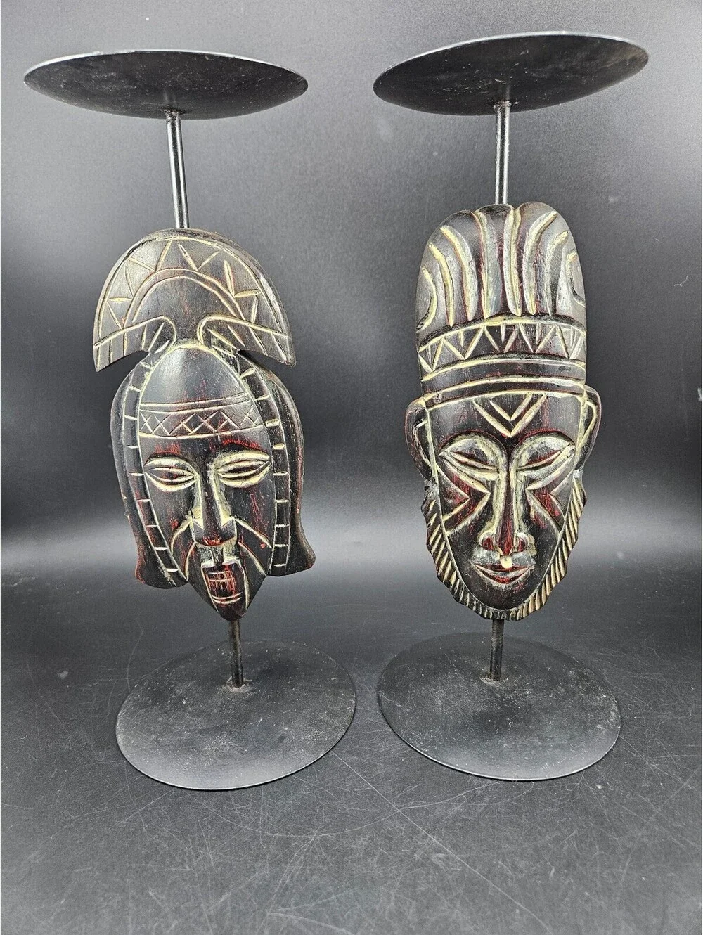 2 Vintage Hand-Carved Tribal Mask Pillar Candle Holders Iron Stands Folk Art